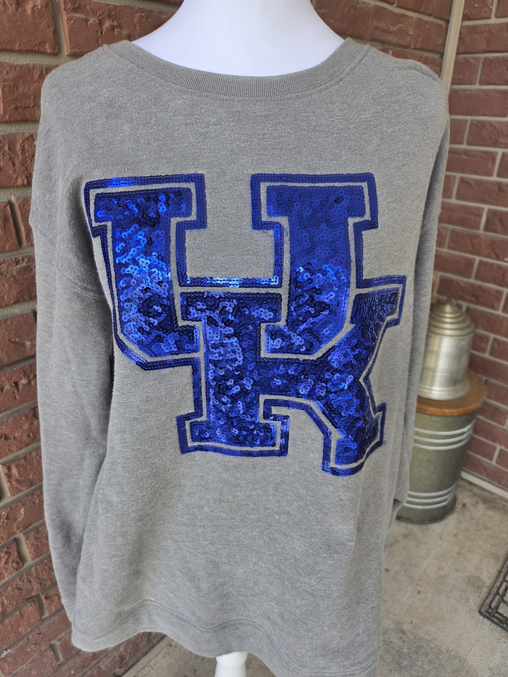 PINK Victoria's Secret Gray Sweatshirt with Blue Sequin 'UK' Applique